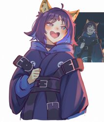  1girl ahoge animal_ear_fluff animal_ears black_choker blue_hoodie blush cho_kaguya-hime! choker commentary derivative_work english_commentary forehead_jewel green_eyes heart heart-shaped_mouth heart-shaped_pupils highres hood hood_down hoodie japanese_clothes long_sleeves looking_to_the_side open_mouth parted_bangs reference_inset sakayori_iroha screenshot_inset screenshot_redraw sher_(imnotsher) smile solo symbol-shaped_pupils white_background 