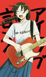  1girl black_hair cable electric_guitar fender_telecaster futsuu_no_keion-bu grey_skirt guitar hatono_chihiro highres holding holding_guitar holding_instrument instrument microphone microphone_stand mot_1623 music open_mouth pleated_skirt red_background shirt singing skirt solo translation_request white_shirt 