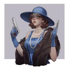  1girl arkham_horror arms_up artist_name bare_arms bare_shoulders beads blue_dress blue_gloves blush breasts coat collarbone commentary commission cthulhu_mythos dress earrings english_commentary facing_to_the_side finger_on_trigger fur_coat gloves gun handgun hat highres holding holding_gun holding_weapon jenny_barnes jewelry lipstick looking_to_the_side makeup necklace parted_lips pearl_earrings pearl_necklace short_hair signature simple_background solo solo_focus suisui_again sun_hat upper_body weapon 