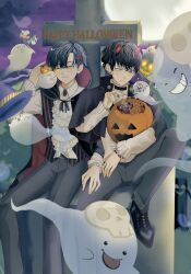  2boys black_cape black_eyes black_hair black_shoes bucket cape closed_mouth commentary_request ear_piercing english_commentary ghost grey_pants hair_between_eyes halloween halloween_bucket happy_halloween highres holding holding_bucket long_sleeves male_focus mixed-language_commentary multiple_boys original pants piercing sahi00000 shirt shoes short_hair sitting sitting_on_tombstone smile tombstone vampire_costume white_shirt 
