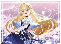  1girl bare_shoulders black_choker black_dress blonde_hair blue_eyes capelet choker clothes_lift cocoluce commission crescent crescent_hair_ornament dress dress_lift earrings floral_background floral_print floral_print_dress frilled_capelet frills hair_ornament highres jewelry lifting_own_clothes long_hair looking_at_viewer off-shoulder_capelet open_mouth pendant_choker pink_background print_dress second-party_source single_earring sleeveless sleeveless_dress smile solo star_(symbol) star_hair_ornament tatata_n3b7 virtual_youtuber white_capelet yonaga_akina 