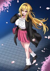  1girl belt black_coat black_hairband black_ribbon blonde_hair blush breasts cherry_blossoms coat collarbone commentary_request earrings falling_petals fang floating_hair fur-trimmed_shoes hair_ribbon hairband high_heels highres hiroshi_(01kanata) idolmaster idolmaster_cinderella_girls jewelry kurosaki_chitose large_breasts long_hair looking_at_viewer neck_ribbon petals pink_skirt pleated_skirt red_eyes ribbon shirt skin_fang skirt smile solo very_long_hair walking white_ribbon white_shirt 