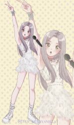  1girl aespa boots bracelet commentary full_body hashtag-only_commentary highres holding holding_microphone jewelry k-pop long_hair microphone necklace real_life skirt solo symbol-only_commentary twitter_username v white_boots winter_(aespa) yellow_background yes_kuravanilla 