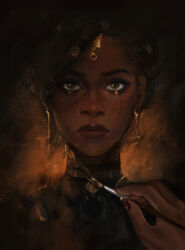  1girl absurdres arcane:_league_of_legends brown_background brown_eyes brown_hair close-up closed_mouth dark-skinned_female dark_skin dreadlocks earrings english_commentary eyeshadow glitter_makeup hair_ornament hair_up highres holding holding_paintbrush jewelry league_of_legends makeup mel_(league_of_legends) paintbrush painting_(object) pov raviollies red_lips shade solo suit upper_body 