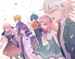  2girls 4boys ahoge black_gloves black_jacket black_ribbon blonde_hair blush braid breasts buttons checkered_clothes checkered_shirt closed_eyes collared_shirt commentary_request confetti danganronpa:_trigger_happy_havoc danganronpa_(series) danganronpa_2:_goodbye_despair danganronpa_v3:_killing_harmony dress eyelashes flipped_hair formal_clothes frilled_hairband frills glasses gloves green_jacket grey_hair hair_between_eyes hair_ribbon hairband hand_in_own_hair hand_up happy high-waist_skirt holding jacket jacket_on_shoulders kirigiri_kyoko komaeda_nagito lace_trim long_hair long_sleeves looking_at_viewer male_focus medium_hair messy_hair multiple_boys multiple_girls nanami_chiaki neck_ribbon necktie oma_kokichi open_clothes open_jacket open_mouth pants pink_eyes pink_hair pink_ribbon profile puffy_short_sleeves puffy_sleeves purple_hair ribbon saihara_shuichi shirt short_hair short_sleeves side_braid simple_background skirt smile striped_clothes striped_jacket striped_pants togami_byakuya tourin_fuwa very_long_hair violet_eyes waving white_background white_shirt yawning yellow_eyes 