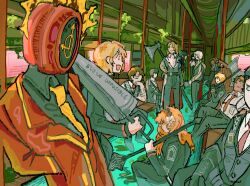  1other 6+boys 6+girls axe black_coat black_shirt black_vest chest_harness clock coat collared_shirt commentary dante_(limbus_company) don_quixote_(project_moon) english_commentary everyone faust_(project_moon) fire gregor_(project_moon) harness heathcliff_(project_moon) highres holding holding_axe holding_mace holding_polearm holding_weapon hong_lu_(project_moon) id_card indoors ishmael_(project_moon) lance lapels limbus_company mace mephistopheles_(project_moon) meursault_(project_moon) multiple_boys multiple_girls necktie notched_lapels object_head outis_(project_moon) polearm project_moon red_coat rodion_(project_moon) ryoshu_(project_moon) shirt sinclair_(project_moon) soup3211 vest water weapon white_shirt yellow_necktie yellow_trim yi_sang_(project_moon) 