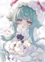  1girl blue_archive boots bow brown_boots character_snowman chinese_commentary coat commentary cupping_hands doodle_sensei_(blue_archive) from_above fur-trimmed_coat fur-trimmed_hood fur-trimmed_sleeves fur_trim gloves green_eyes green_hair hair_flaps highres holding holding_snowman hood hood_bow hood_up hooded_coat long_sidelocks long_sleeves looking_at_viewer making-of_available mini_snowman mofufu_(bilibili_3546602002188494) momiji_(blue_archive) open_mouth own_hands_together pom_pom_(clothes) red_bow sensei_(blue_archive) sidelocks smile snow snowing snowman solo very_long_sidelocks white_coat white_gloves winter winter_clothes winter_coat 