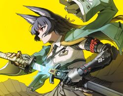  1girl absurdres animal_ear_fluff animal_ears aqua_jacket arm_out_of_sleeve black_gloves black_hair black_necktie black_skirt breasts closed_mouth dooyun212 fingerless_gloves fox_ears fox_girl from_side gauntlets gloves glowing glowing_sword glowing_weapon high-waist_skirt highres holding holding_sheath holding_sword holding_weapon hoshimi_miyabi id_card jacket katana long_hair medium_breasts necktie red_eyes sheath shirt single_fingerless_glove single_gauntlet skirt solo sword unsheathing upper_body weapon white_shirt yellow_background zenless_zone_zero 
