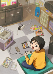  1boy black_hair boombox brown_eyes cassette_tape child commentary_request controller crt dragon_quest dragon_quest_v game_cartridge game_console game_controller hashi hero_(dq5) holding holding_controller holding_game_controller indoors long_sleeves male_focus manga_(object) mario open_mouth orange_shirt original pants playing_games remote_control rug shirt short_hair shounen_jump solo super_famicom super_mario_bros. 