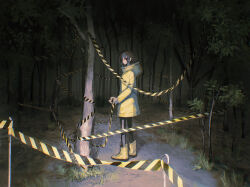  1girl boots brown_hair caution_tape coat commentary_request dark forest from_side grass hair_between_eyes highres holding_tape hood horror_(theme) izunayasan looking_at_viewer looking_back nature night original outdoors path red_eyes scenery short_hair smile solo standing tree yellow_boots yellow_coat yellow_theme 