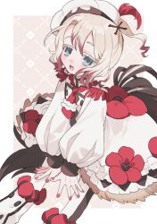  1girl absurdres blue_eyes blush buttons commentary_request feathered_hat fingernails flower flower_ornament hat highres magical_girl mahou_shoujo_ikusei_keikaku mahou_shoujo_ikusei_keikaku_restart multicolored_hair necktie open_mouth pechika_(mahoiku) red_flower short_hair smile zabuzabu_zabuun 
