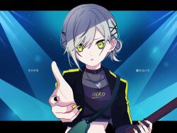  1girl bass_guitar belt_collar black_jacket black_nails black_shirt clothes_writing collar crop_top cropped_jacket cropped_shirt dot_nose ear_piercing english_text fender_jazz_bass find_the_dream_view_(project_sekai) fingernails green_eyes green_nails grey_hair hair_behind_ear hair_between_eyes hair_bun hair_ornament hairclip hand_up highres hinomori_shiho holding holding_bass_guitar holding_instrument instrument jacket jewelry letterboxed looking_at_viewer midriff multicolored_nails multiple_hair_clips music nail_polish necklace official_alternate_costume official_alternate_hairstyle open_clothes open_jacket parted_lips piercing playing_bass_guitar playing_instrument plectrum_necklace pov project_sekai reaching reaching_towards_viewer see-through_clothes shirt short_hair single_sidelock solo sosalt4_0 stage_lights straight-on sweat swept_bangs translation_request upper_body x_hair_ornament 