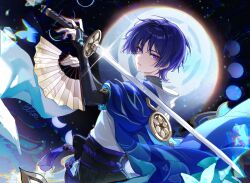  1boy absurdres chinese_commentary commentary_request dress elicooc fingerless_gloves folding_fan genshin_impact gloves gold_trim hand_fan high_collar highres holding holding_fan holding_sword holding_weapon japanese_clothes looking_at_viewer male_focus purple_dress reverse_grip scaramouche_(genshin_impact) solo sword tassel tsuba_(guard) upper_body violet_eyes wanderer_(genshin_impact) watermark weapon 