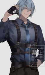  1boy absurdres black_gloves black_pants blue_eyes blue_hair blue_necktie closed_mouth collared_shirt elezen elf final_fantasy final_fantasy_xiv gloves hair_between_eyes haurchefant_greystone highres looking_at_viewer male_focus necktie one_eye_closed pants pointy_ears shirt short_hair sidelocks simple_background smile solo white_background yuuki_kira 