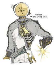  1boy black_gloves commentary_request cropped_torso ferrofluid fishbowl_helmet gloves highres id_card jumpsuit korean_commentary korean_text male_focus mulkkachi object_head reverse:1999 solo translation_request ulrich_(reverse:1999) upper_body white_background white_jumpsuit 