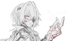  1boy anaxa_(honkai:_star_rail) artist_name casting_spell commentary eyepatch facial_tattoo frown hair_intakes hand_tattoo highres honkai:_star_rail honkai_(series) jacket jewelry long_hair looking_at_viewer lv_minus999 magic male_focus multiple_rings parted_lips red_tattoo ring serious snapping_fingers solo spot_color tattoo upper_body 