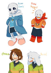  1other 2020 2d 3boys aged_down ambiguous_gender animal_ears anthro asriel_dreemurr black_pants black_shirt black_shorts blue_coat blue_sweater body_fur boots brothers brown_hair chara_(undertale) character_name child coat collared_shirt delta_rune_(symbol) delta_rune_print digital_media droopy_ears english_text fangs floppy_ears full_body furry furry_male gloves goat goat_boy goat_ears green_sweater grey_hood hands_in_pockets hands_on_own_waist heart_necklace highres hollow_eyes hood hood_down hooded_coat horizontal-striped_clothes human humanoid jewelry kory-san long_sleeves male mammal monster monster_boy multiple_boys necklace notice_lines open_clothes open_coat open_mouth orange_sweater pants papyrus_(undertale) pink_slippers red_boots red_gloves red_scarf sans_(undertale) scarf shirt short_hair shorts siblings simple_background single_horizontal_stripe single_vertical_stripe skeleton slippers socks standing striped_clothes striped_shorts striped_sweater sweater sweater_over_shirt teeth text two-tone_sweater undead undertale upper_body utdr_(toby_fox) variant_set vertical-striped_clothes vertical-striped_shorts white_background white_fur white_socks white_stripes yellow_stripes 