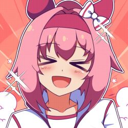  >_< 1girl :d animal_ears blush bow closed_eyes commentary ear_bow ear_covers english_commentary hairband haru_urara_(bestest_prize)_(umamusume) haru_urara_(umamusume) headband highres horse_ears horse_girl jacket neferkitty open_mouth pink_hair pink_headband ponytail red_headband shirt smile solo umamusume xd 
