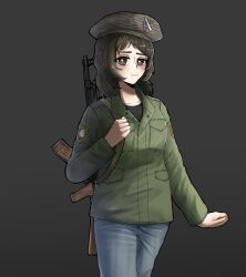  ak-47 assault_rifle beret bosnia_and_herzegovina brown_eyes brown_hair commentary denim english_commentary green_jacket gun hana_muratovic hat highres jacket jashin_gopnik jeans kalashnikov_rifle nervous original pants rifle strichtarn weapon 