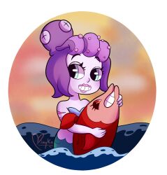1girl 2018 2d absurdres artist_name bare_arms bikini bikini_top blue_bikini blue_eyes border cala_maria_(cuphead) clouds cowboy_shot cuphead_(game) digital_media eyelashes fish grin highres holding holding_fish lipstick looking_at_viewer makeup mascara mermaid mimyko-98_(xxmimykoxx) monster_girl ocean octopus open_mouth orange_background partially_submerged purple_hair purple_skin round_border round_image shell shell_bikini short_hair signature simple_background sky smile solo teeth tentacle_hair transparent_border water x_x
