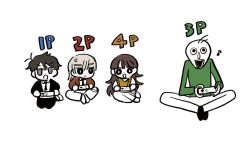  1girl 3boys :d akinashi_haru alternate_color anger_vein annoyed bald baldi baldi's_basics black_hair black_necktie black_suit brown_hair brown_jacket chibi collared_shirt colored_skin controller crossover dress_shirt game_controller green_shirt highres holding holding_controller holding_game_controller jacket long_hair long_sleeves lotus_position multiple_boys musical_note necktie player_2 playing_games ruuya1124 saihate_eki shirt short_hair simple_background sitting skirt smile suit tatsunami_shion tenjiku_aoi vest white_background white_hair white_skin yokozuwari 