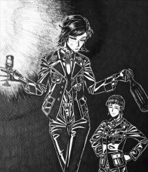 2girls absurdres black_jacket blush bordfunker133 bottle breast_pocket closed_eyes collar_tabs cross cup dress_shirt drunk forced_smile genderswap genderswap_(mtf) gloves greyscale hands_on_own_hips hans-joachim_marseille highres holding holding_bottle holding_cup iron_cross jacket lipstick_mark_on_cheek luftwaffe marseille-chan_(bordfunker133) military monochrome multiple_girls nazi nazi_party_pin open_clothes open_jacket original photo_(medium) pocket real_life schroer-chan_(bordfunker133) shirt short_hair shoulder_boards soldier werner_schroer world_war_ii 
