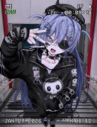  1girl arm_up artist_name beret black_jacket black_nails black_pants blue_eyes blue_hair bone_hair_ornament choker commentary dated eyepatch foreshortening full_body hair_between_eyes hair_ornament hairclip hat highres jacket jewelry multiple_rings on_stairs open_mouth original pants pierced_hat print_jacket punk railing ring single_sleeve_past_fingers single_sleeve_past_wrist smile spiked_choker spikes stairs standing stone_stairs stuffed_toy symbol-only_commentary two_side_up v xdoxa89 