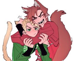  2boys ^_^ animal_ear_fluff animal_ears animification arms_around_neck blonde_hair blush brown_hair cat_boy cat_ears cat_tail closed_eyes commentary_request dougi fox_boy fox_ears fox_tail green_dougi green_eyes haaa_om007ls half-closed_eye hand_on_another's_head hands_on_another's_arm kai_(ninjago) kemonomimi_mode korean_commentary lloyd_garmadon long_sleeves looking_at_another male_focus multiple_boys ninjago one_eye_closed open_mouth petting raised_eyebrow red_dougi red_eyes short_hair simple_background smile tail upper_body white_background 
