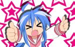  1girl blue_hair closed_eyes highres izumi_konata lucky_star open_mouth solo stars thumbs_up vector_trace wallpaper 