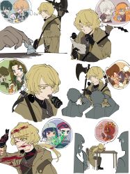  1boy 2others a_certain_sinclair_(project_moon) black_gloves blood blood_on_clothes blood_on_face chess_piece chessboard dante_(limbus_company) don_quixote_(project_moon) faust_(project_moon) gloves gregor_(project_moon) halberd hand_up heathcliff_(project_moon) highres hong_lu_(project_moon) imagining index_finger_raised ishmael_(project_moon) limbus_company long_hair low_ponytail meursault_(project_moon) multiple_others outis_(project_moon) polearm ponytail project_moon rodion_(project_moon) rook_(chess) ryoshu_(project_moon) simple_background sinclair_(project_moon) sousaku1853 speech_bubble sword sword_on_back table thought_bubble weapon weapon_on_back white_background yellow_eyes yi_sang_(project_moon) 