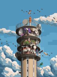  6+girls absurdres animal_ears arm_up backpack bag bai_huashu bird black_hair blue_hair blue_sky boots brown_hair camera chinese_commentary climbing clothesline commentary day dress drying drying_clothes full_body geta green_hat grey_hair hanging hat highres himekaidou_hatate holding holding_camera iizunamaru_megumu inubashiri_momiji kawashiro_nitori kudamaki_tsukasa laundry leaning_forward long_hair medium_hair multiple_girls open_mouth outdoors pajamas pliers radio_tower red_eyes romper scenery shameimaru_aya shirt short_sleeves single_slipper sitting skirt sky slippers standing standing_on_one_leg stretching telescope tengu-geta tokin_hat tools touhou two_side_up very_long_hair white_romper wind wolf_ears wrench yawning 