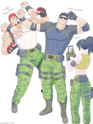  1girl 2boys absurdres adjusting_clothes adjusting_headwear bandana bare_shoulders black_hair blonde_hair blue_hair boots camouflage camouflage_pants cellphone clark_still combat_boots dog_tags fingerless_gloves gloves highres hitting holding holding_phone leona_heidern mature_male meme multiple_boys muscular muscular_male naoya_hitting_choso_without_looking_(meme) pants phone ponytail r_ytasl ralf_jones scene_reference slapping smartphone sunglasses taking_picture tank_top the_king_of_fighters the_king_of_fighters_xv yellow_tank_top 