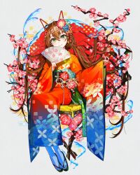  1girl absurdres anime_expo black_sash brown_hair character_request cherry_blossoms closed_mouth commentary_request crossed_bangs double-parted_bangs english_commentary flower folding_fan full_body furisode green_eyes hair_between_eyes hair_flower hair_ornament hand_fan highres holding holding_fan japanese_clothes kanzashi kimono long_hair long_sleeves looking_at_viewer low_twintails mika_pikazo mixed-language_commentary official_art okobo paper_fan platform_sandals print_kimono sandals sash sitting smile solo tabi tsumami_kanzashi twintails very_long_hair wide_sleeves 