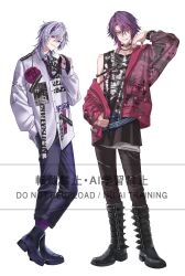  2boys alternate_costume arm_up belt belt_boots black_bow black_necktie black_pants boots bow full_body fuwa_minato grey_hair hair_between_eyes hair_intakes hand_in_pocket highres jacket jewelry knee_boots long_sleeves looking_at_viewer male_focus multicolored_hair multiple_boys multiple_rings necktie nijisanji nisi_ki_no open_clothes open_jacket pants pink_jacket print_shirt punk purple_hair ring shirt short_hair simple_background smile streaked_hair studded_belt violet_eyes virtual_youtuber watarai_hibari white_background white_shirt wristband yellow_eyes 