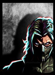  1boy black_border black_eyes border brown_hair bucky_barnes captain_america_(series) commentary english_commentary male_focus marvel marvel_rivals mask meme mouth_mask parted_hair portrait prowler_goku_(meme) runadoodles scar scar_across_eye scar_on_face shadow short_hair solo winter_soldier 