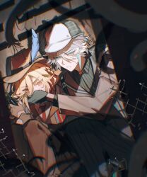  2boys alhaitham_(genshin_impact) appleboneeee black_gloves blonde_hair blurry blurry_foreground braid brown_coat brown_gloves brown_hat brown_pants brown_vest chain-link_fence chinese_commentary chromatic_aberration coat commentary_request covering_another's_mouth deerstalker detective fedora fence genshin_impact gloves green_eyes grey_coat grey_hair grey_hat grey_pants grey_vest gun hair_between_eyes half_gloves hand_up handgun hat hat_feather highres holding holding_gun holding_weapon hoyofair kaveh_(genshin_impact) lapels long_hair long_sleeves looking_at_viewer male_focus multicolored_hair multiple_boys necktie pants parted_lips pinstripe_pants pinstripe_pattern red_eyes red_necktie shadow sitting sweatdrop v-shaped_eyebrows vest weapon 