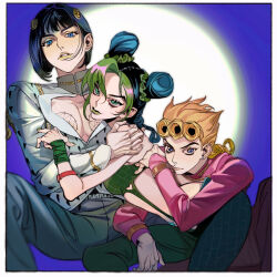  1girl 2boys black_hair blonde_hair blue_eyes bob_cut border braid braided_ponytail bruno_bucciarati bun_with_braided_base commentary double_bun earrings giorno_giovanna green_lips green_nails hair_bun highres jewelry jojo_no_kimyou_na_bouken kujo_jolyne long_hair multiple_boys reichio short_hair stone_ocean stud_earrings symbol-only_commentary vento_aureo white_border zipper zipper_pull_tab 