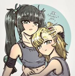 blonde_hair dark_green_hair hug long_hair multiple_girls piper_wheel qingyi_(zenless_zone_zero) twintails zenless_zone_zero