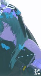  1girl absurdres arknights arknights:_endfield black_dress black_veil blue_eyes blue_hair blue_horns bug butterfly detached_sleeves dress highres horn_ornament horns looking_at_viewer parted_lips simple_background solo veil white_background xaihi_(arknights) yuishironeko 