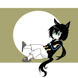  1girl animal_ears beer_hsk black_hair black_hoodie black_slippers braid brown_background chibi closed_mouth commentary_request crossed_arms crossed_legs crown_braid green_eyes hair_between_eyes hood hood_down hoodie horse_ears horse_girl horse_tail kin'iro_ryotei_(umamusume) long_sleeves low_ponytail pants ponytail round_image slippers solo tail two-tone_background umamusume white_background white_pants 