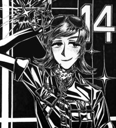  1girl belt blush bordfunker133 breast_pocket cross eyewear_on_head gloves greyscale hans-joachim_marseille highres iron_cross looking_to_the_side luftwaffe marseille-chan_(bordfunker133) military_uniform mole mole_under_mouth monochrome nazi photo_(medium) pocket real_life reichsadler shirt short_hair short_sleeves sleeves_rolled_up smile smug soldier solo sunglasses upper_body world_war_ii 