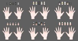  black_nails brown_nails commentary disembodied_hand fingernails gosegu green_nails grey_background grey_nails hand_focus highres ine_(vtuber) jingburger jururu kingkangmat korean_commentary lilpa multicolored_nails nail_art nail_polish official_art palms reference_sheet simple_background spread_fingers viichan virtual_youtuber waktaverse white_nails yellow_nails 