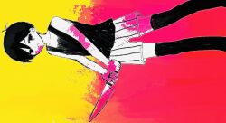  1boy antenna_hair black_eyes black_hair black_shorts black_thighhighs blood blood_on_clothes blood_on_face blood_on_hands blood_on_knife blood_on_weapon colored_skin commentary double-parted_bangs english_commentary hair_between_eyes highres holding holding_knife knife looking_at_viewer male_focus multicolored_shoes omori omori_(omori) short_hair shorts smile solo striped_clothes striped_shorts thigh-highs true_erg two-tone_shorts vertical-striped_clothes vertical-striped_shorts weapon white_shorts white_skin 