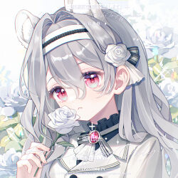  1girl :< animal_ear_fluff animal_ears closed_mouth commission eyelashes fingernails flower gem grey_hair hair_between_eyes hair_flower hair_intakes hair_ornament hairband highres holding holding_flower lapels long_hair mihuashi_commission original red_eyes red_gem rose sidelocks solo sparkle square upper_body watermark white_flower white_rose yan_an_xi_ye 