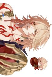  1boy abs arm_tattoo black_coat blonde_hair braid chest_tattoo chibi clawed_gauntlets coat earrings facial_tattoo food fruit gold_earrings gold_necklace gradient_hair highres honkai:_star_rail honkai_(series) jewelry male_focus medium_hair multicolored_hair multiple_views mydei_(honkai:_star_rail) necklace open_clothes open_coat pomegranate red_hair red_tattoo side_braid sideways simple_background tattoo toned toned_male tubakkkki65 twitter_username white_background yellow_eyes 