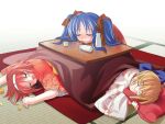  3girls ahoge drunk fujimiya_nozomi kotatsu multiple_girls narukaze_minamo okano_hinata sake saliva sleeping table wind wind_a_breath_of_heart 