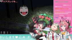  3girls akaika_(aka) angels_of_delusion aqua_hair aqua_streaks aria_(zenless_zone_zero) battery_indicator black_bow black_choker black_sleeves blue_eyes bow bowtie center_frills choker collarbone colored_inner_hair commentary_request detached_sleeves dress floating_head frilled_sleeves frills fur-trimmed_sleeves fur_trim green_bow green_bowtie green_hair green_halo hair_bow halo heart highres horrified livestream loading_icon motion_blur multicolored_hair multiple_girls multiple_hair_bows nangong_yu necktie open_mouth pink_bag pink_bow pink_hair red_necktie scared shirt short_twintails sunna_(zenless_zone_zero) translation_request twintails white_dress white_shirt white_wings winged_bag wings zenless_zone_zero 