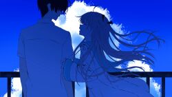  1boy 1girl :d ^_^ absurdres ahoge atri atri-my_dear_moments- black_bow black_hair blue_sky blue_theme bow brown_hair closed_eyes closed_mouth clouds collared_shirt commentary cumulonimbus_cloud dark day dress facing_another floating_hair from_behind from_side hair_over_eyes happy highres holding_another's_arm ikaruga_natsuki long_hair long_sleeves monochrome open_mouth outdoors profile railing sailor_collar shirt short_sleeves sky smile standing teeth two_side_up upper_teeth_only very_long_hair white_dress white_shirt wide_sleeves wind wind_lift ze_ping45283 