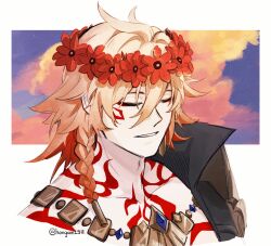  1boy black_coat blonde_hair braid chest_tattoo clawed_gauntlets closed_eyes coat earrings facial_tattoo gold_earrings gold_necklace gradient_hair hashtag-only_commentary hongam2911 honkai:_star_rail honkai_(series) jewelry male_focus medium_hair multicolored_hair mydei_(honkai:_star_rail) necklace open_clothes open_coat red_hair red_tattoo side_braid solo tattoo twitter_username 