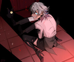  2boys arms_around_self bettel_2_(gavis_bettel) black_gloves black_shorts blood blood_on_face blood_splatter blue_eyes blue_hair boots broken_glass brothers creature english_commentary evil_grin evil_smile from_behind gavis_bettel gavis_bettel_(1st_costume) gigglepox glass gloves glowing glowing_eyes grey_hair grin hair_between_eyes high_heel_boots high_heels highres holostars holostars_english implied_death kneeling long_sleeves looking_at_viewer male_focus medium_hair multicolored_hair multiple_boys phantom_(gavis_bettel) pink_hair red_theme shadow shirt shorts siblings slit_pupils smile solo_focus teeth thigh_boots tile_floor tiles twins virtual_youtuber white_shirt 